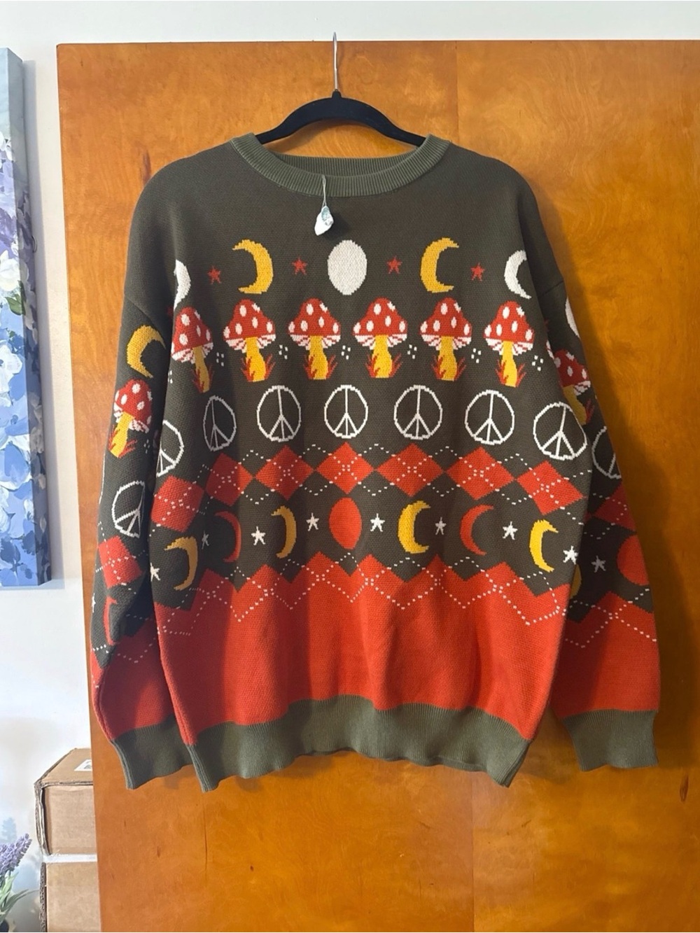 EARTHBOUND Olive, Rust & Cream Mushroom Motif Crewneck Sweater
